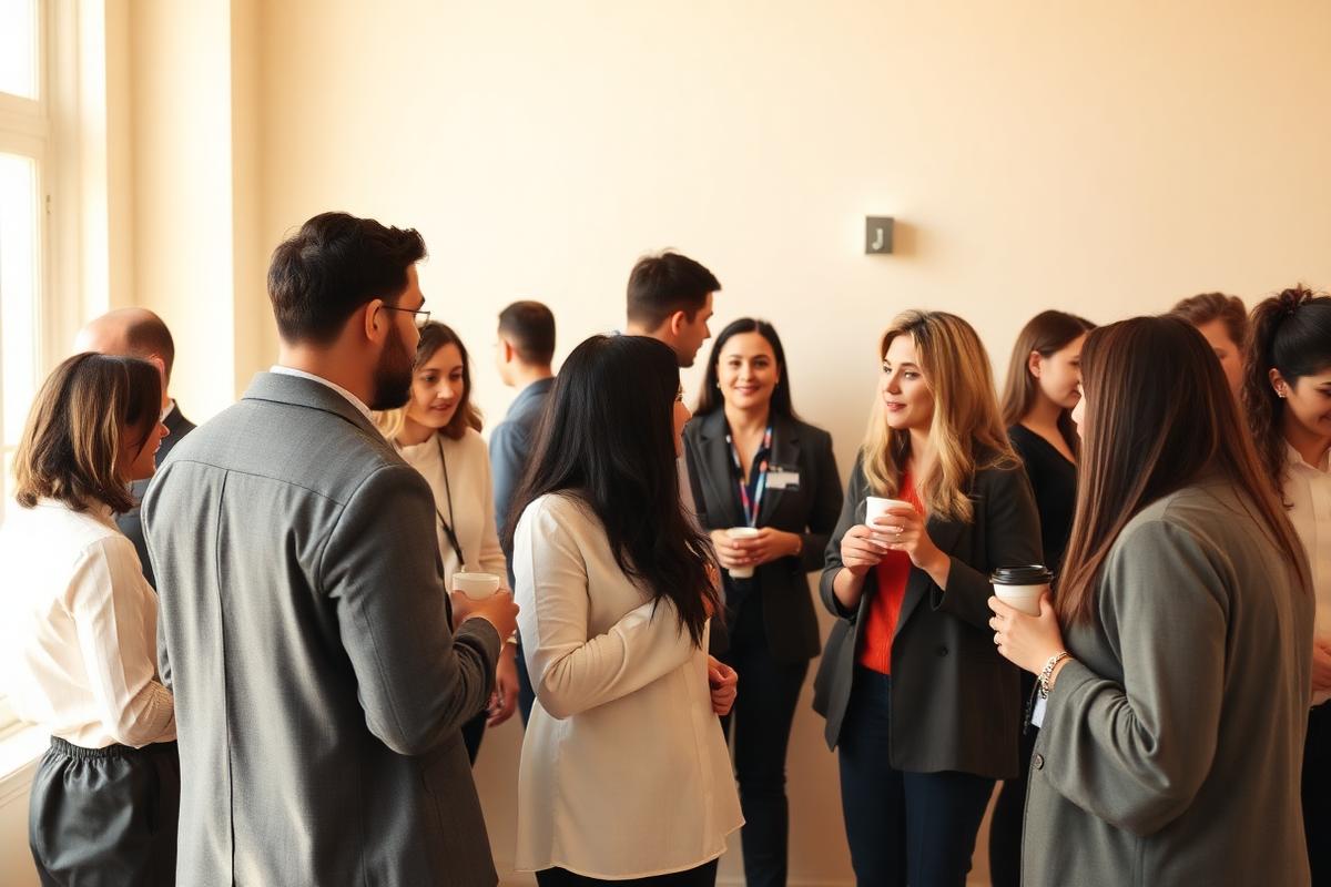 Professionals talking over coffee at a small networking event