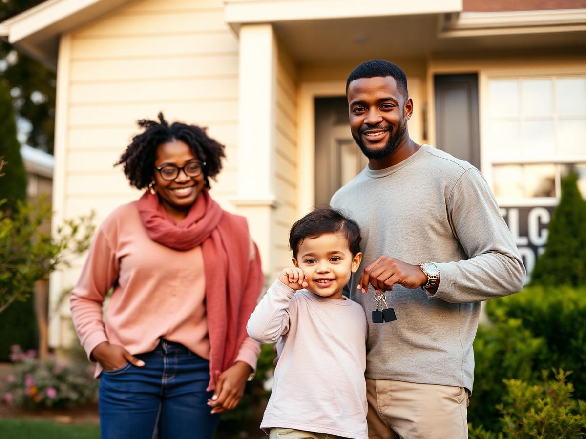 A family standing with keys in front of their new home