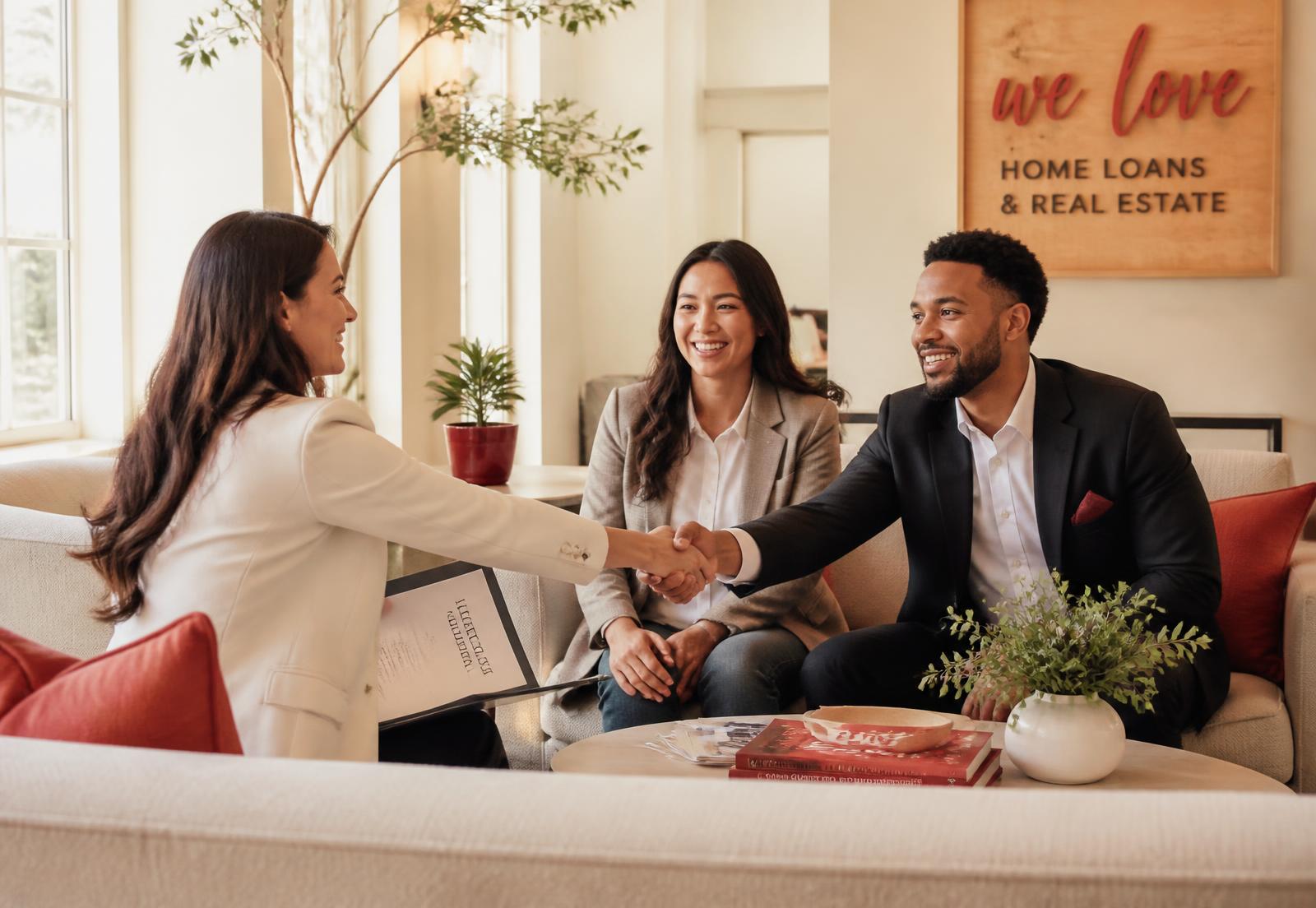 A real estate professional, a lender and an insurance professional meeting in a warm office lounge